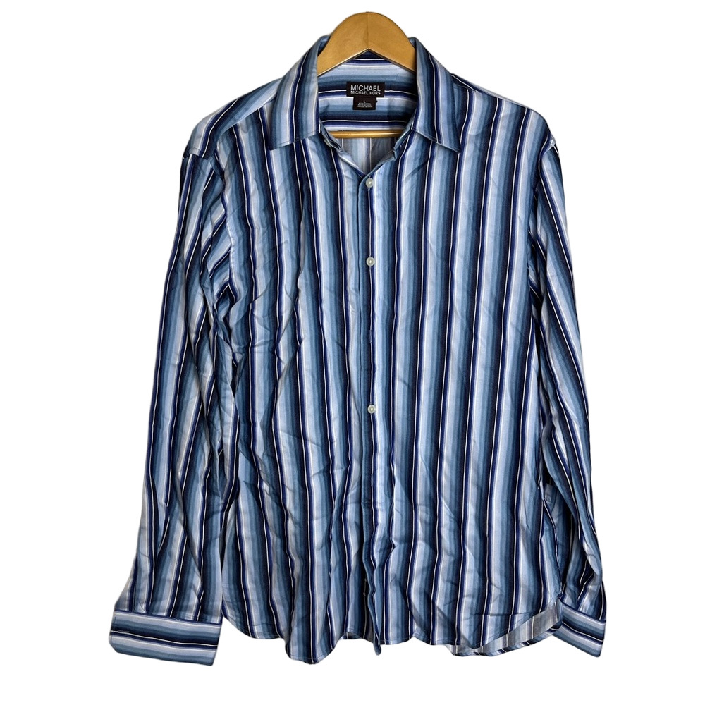 Michael Kors Blue White Stripe Button Up Cotton Shirt Mens L